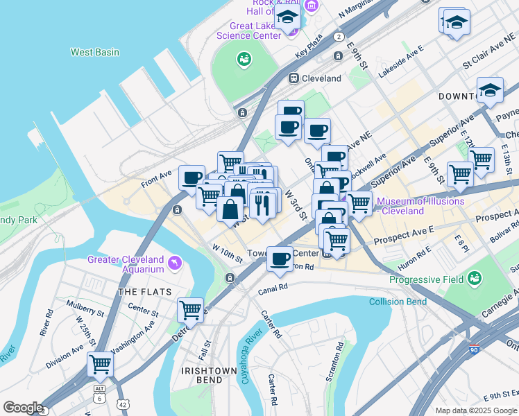 map of restaurants, bars, coffee shops, grocery stores, and more near in Cleveland