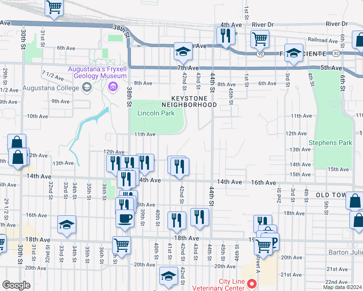 map of restaurants, bars, coffee shops, grocery stores, and more near 4200 13th Avenue in Rock Island
