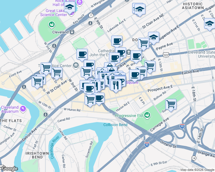 map of restaurants, bars, coffee shops, grocery stores, and more near East 3rd Street in Cleveland