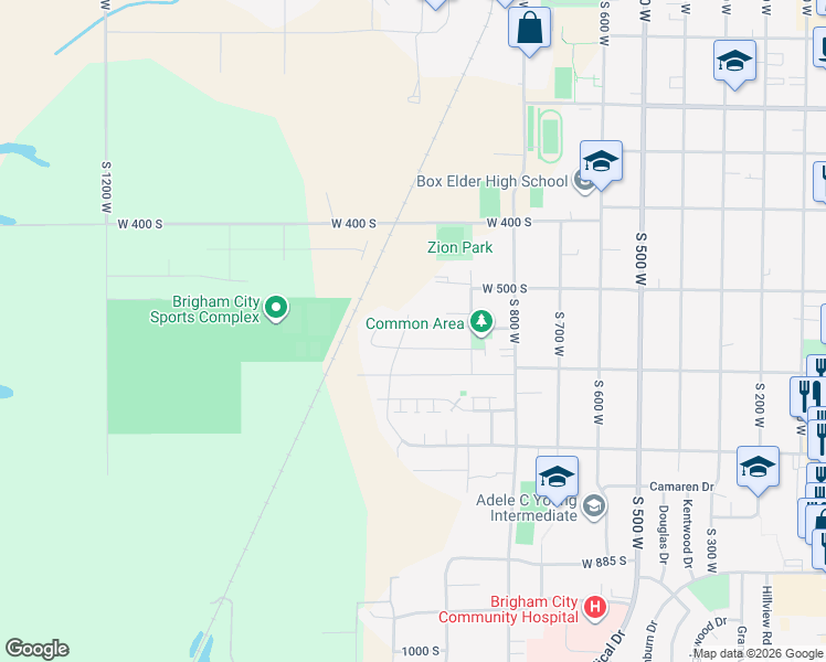 map of restaurants, bars, coffee shops, grocery stores, and more near 1027 West 575 South in Brigham City