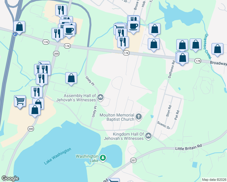 map of restaurants, bars, coffee shops, grocery stores, and more near 15 Lakeview Drive in Newburgh