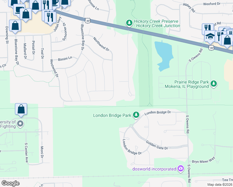 map of restaurants, bars, coffee shops, grocery stores, and more near 2934 Southwind Drive in New Lenox