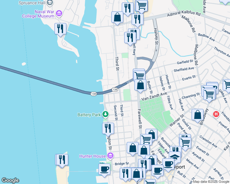 map of restaurants, bars, coffee shops, grocery stores, and more near 7 Sycamore Street in Newport