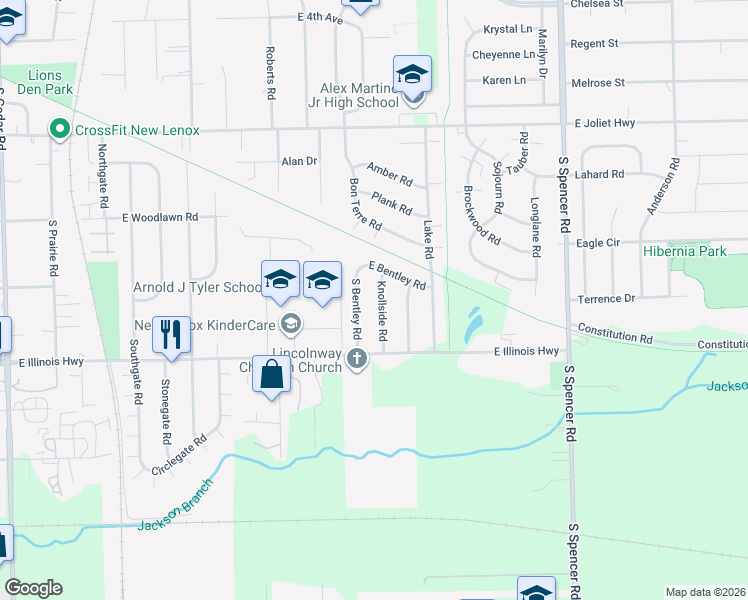 map of restaurants, bars, coffee shops, grocery stores, and more near 929 Knollside Road in New Lenox