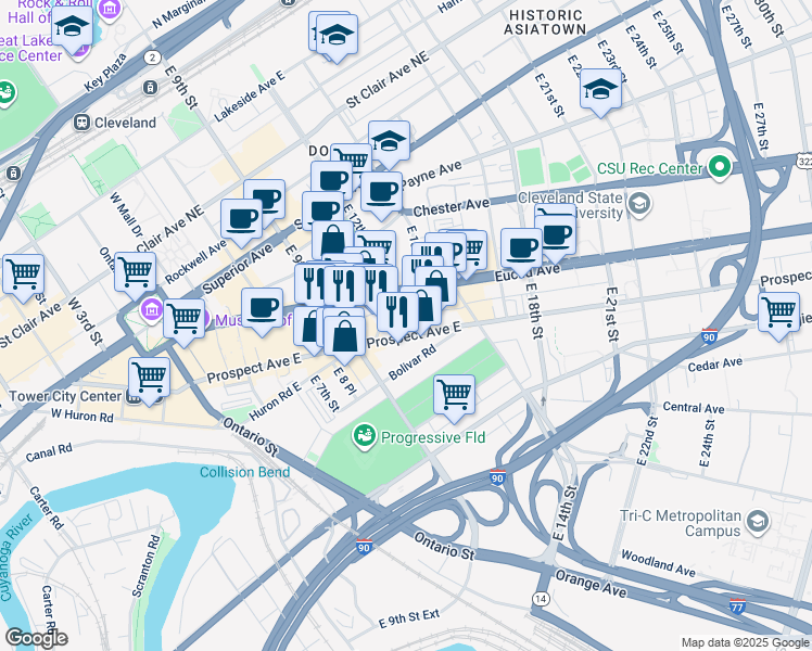 map of restaurants, bars, coffee shops, grocery stores, and more near 1010 Prospect Avenue East in Cleveland