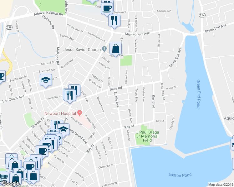 map of restaurants, bars, coffee shops, grocery stores, and more near 6 Eustis Avenue in Newport
