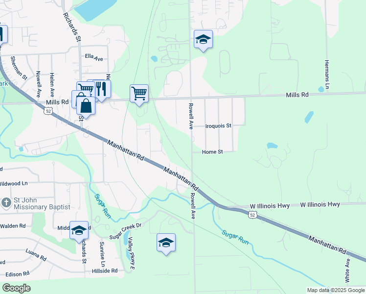 map of restaurants, bars, coffee shops, grocery stores, and more near 1315 Rowell Avenue in Joliet
