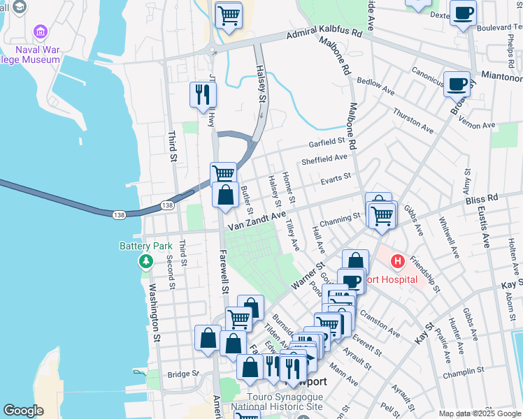 map of restaurants, bars, coffee shops, grocery stores, and more near 80 Van Zandt Avenue in Newport
