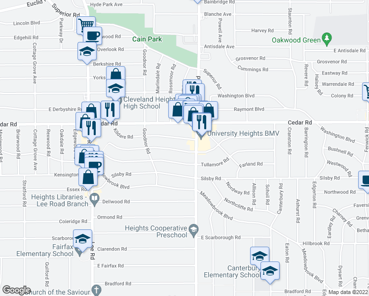 map of restaurants, bars, coffee shops, grocery stores, and more near 2228 South Taylor Road in Cleveland Heights