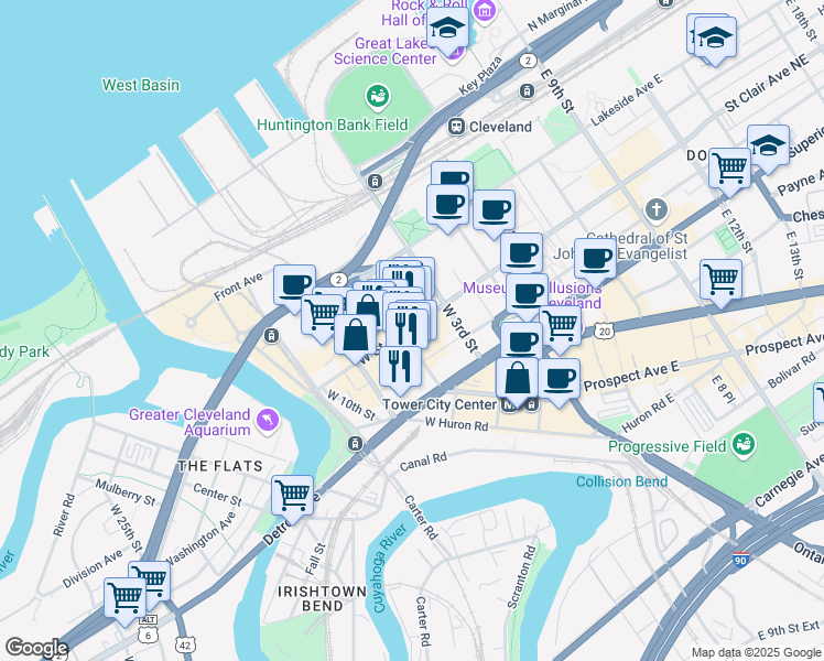 map of restaurants, bars, coffee shops, grocery stores, and more near 499 West Saint Clair Avenue in Cleveland