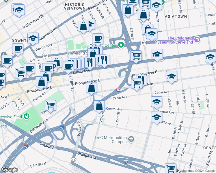 map of restaurants, bars, coffee shops, grocery stores, and more near 2308 Prospect Avenue East in Cleveland
