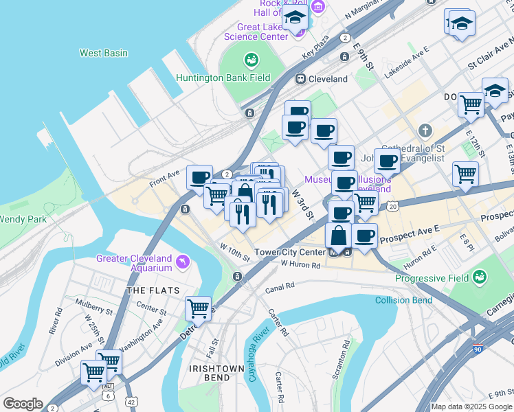 map of restaurants, bars, coffee shops, grocery stores, and more near 499 West Saint Clair Avenue in Cleveland