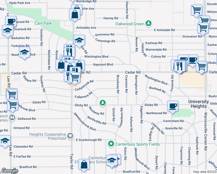 map of restaurants, bars, coffee shops, grocery stores, and more near 3601 Tullamore Road in Cleveland Heights