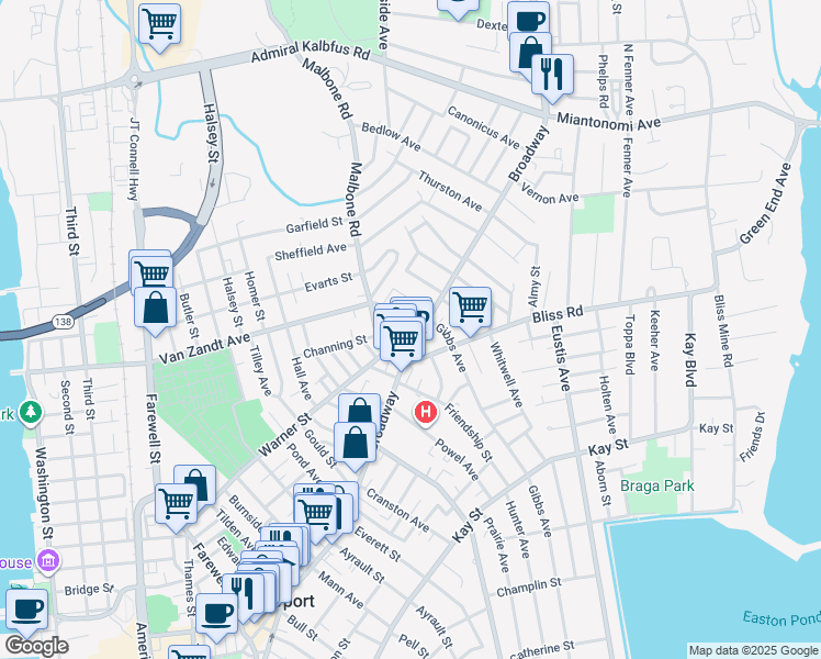 map of restaurants, bars, coffee shops, grocery stores, and more near 311 Broadway in Newport