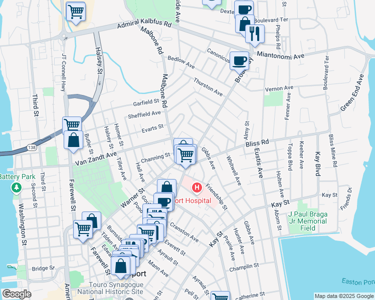 map of restaurants, bars, coffee shops, grocery stores, and more near 311 Broadway in Newport