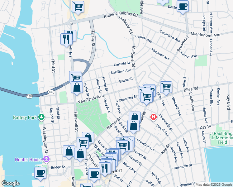 map of restaurants, bars, coffee shops, grocery stores, and more near 30 Hall Avenue in Newport