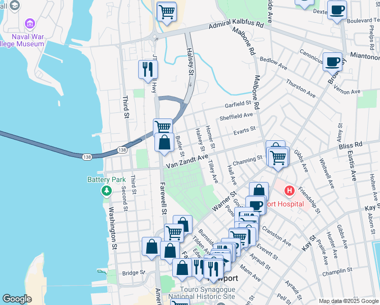 map of restaurants, bars, coffee shops, grocery stores, and more near 80 Van Zandt Avenue in Newport