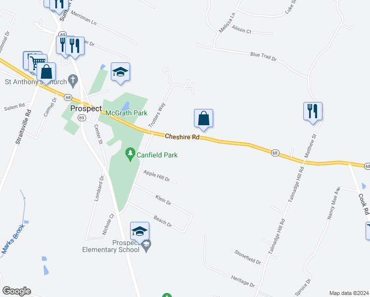 map of restaurants, bars, coffee shops, grocery stores, and more near 21 Apple Hill Drive in Prospect