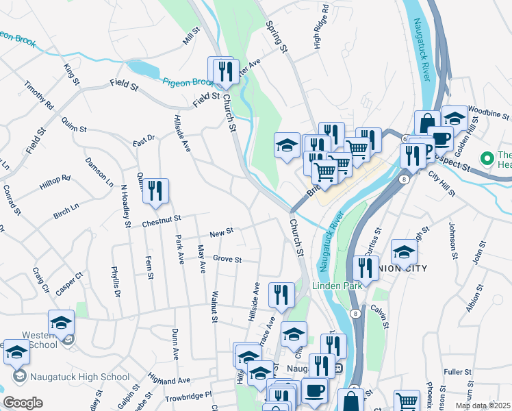 map of restaurants, bars, coffee shops, grocery stores, and more near 37 New Street in Naugatuck