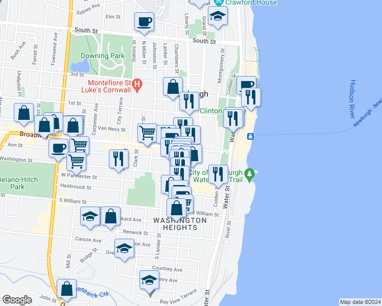 map of restaurants, bars, coffee shops, grocery stores, and more near 17 Grand Street in Newburgh