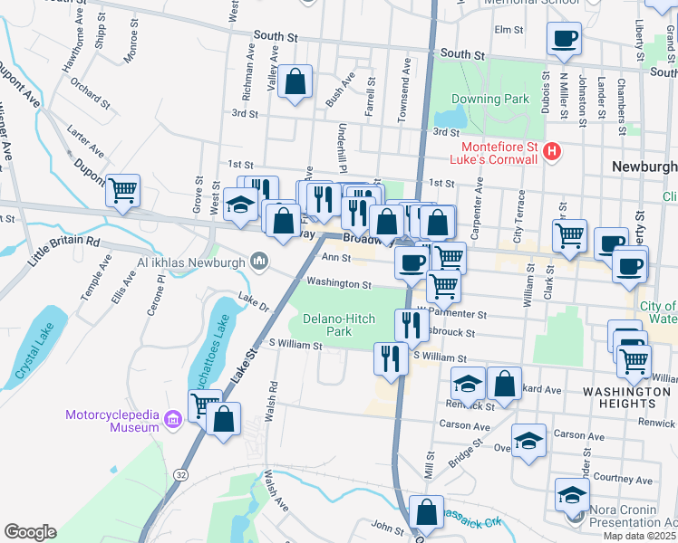 map of restaurants, bars, coffee shops, grocery stores, and more near 375 Washington Street in Newburgh