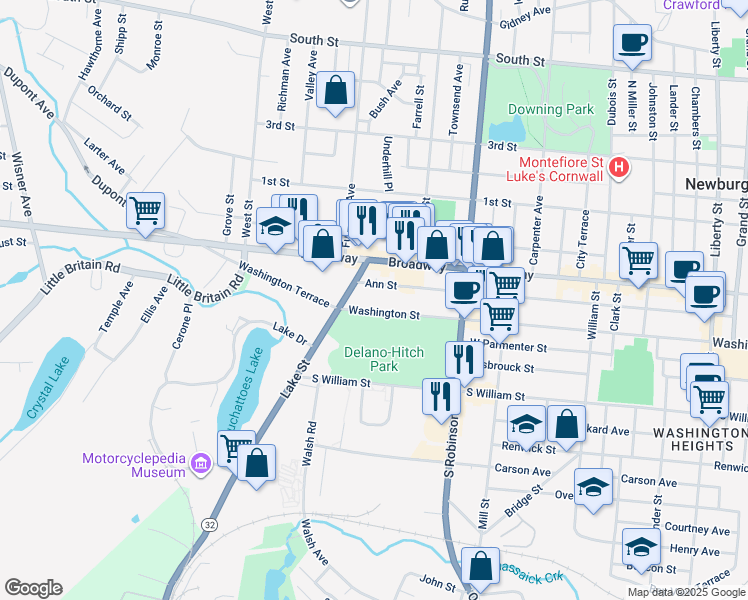 map of restaurants, bars, coffee shops, grocery stores, and more near 375 Washington Street in Newburgh