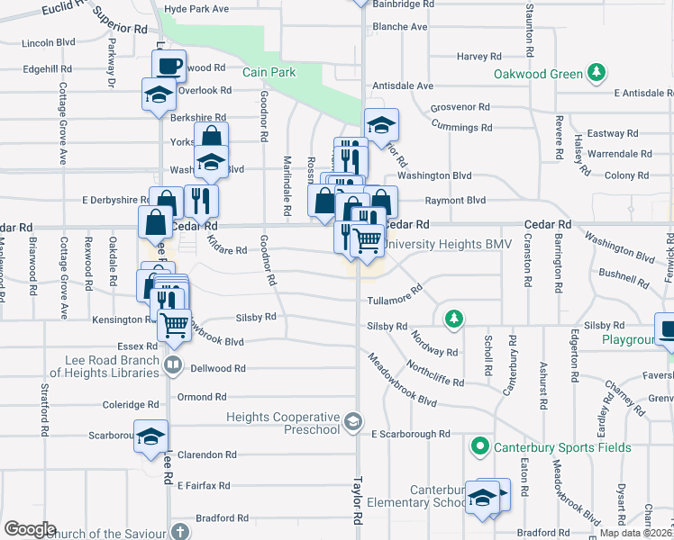 map of restaurants, bars, coffee shops, grocery stores, and more near 2228 South Taylor Road in Cleveland Heights