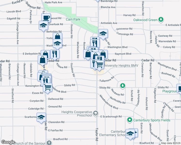 map of restaurants, bars, coffee shops, grocery stores, and more near 2228 South Taylor Road in Cleveland Heights