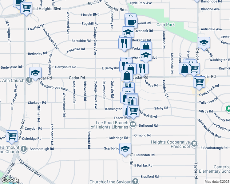 map of restaurants, bars, coffee shops, grocery stores, and more near 3145 Meadowbrook Boulevard in Cleveland Heights
