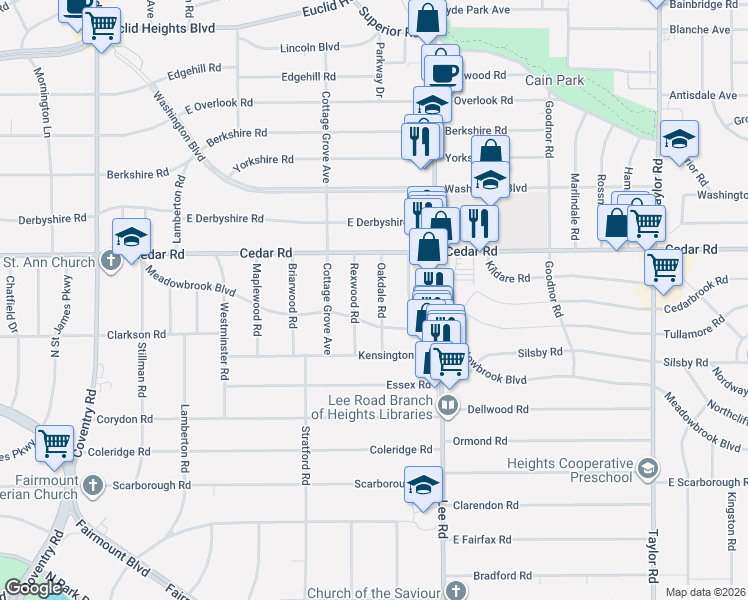 map of restaurants, bars, coffee shops, grocery stores, and more near 3105 Meadowbrook Boulevard in Cleveland Heights