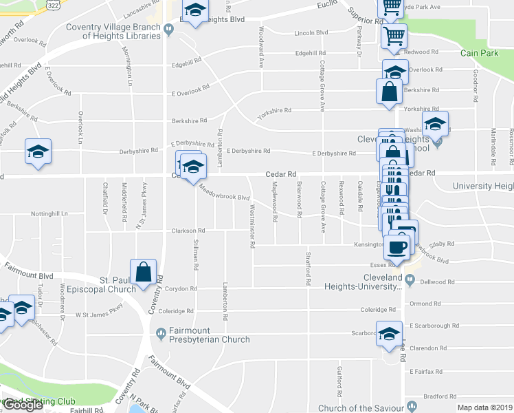 map of restaurants, bars, coffee shops, grocery stores, and more near 2222 Westminster Road in Cleveland Heights