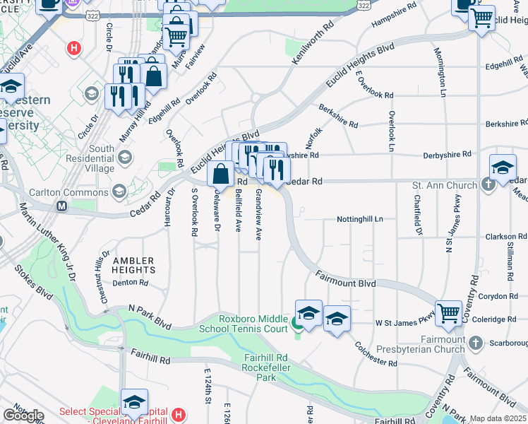 map of restaurants, bars, coffee shops, grocery stores, and more near 2504 Fairmount Boulevard in Cleveland Heights
