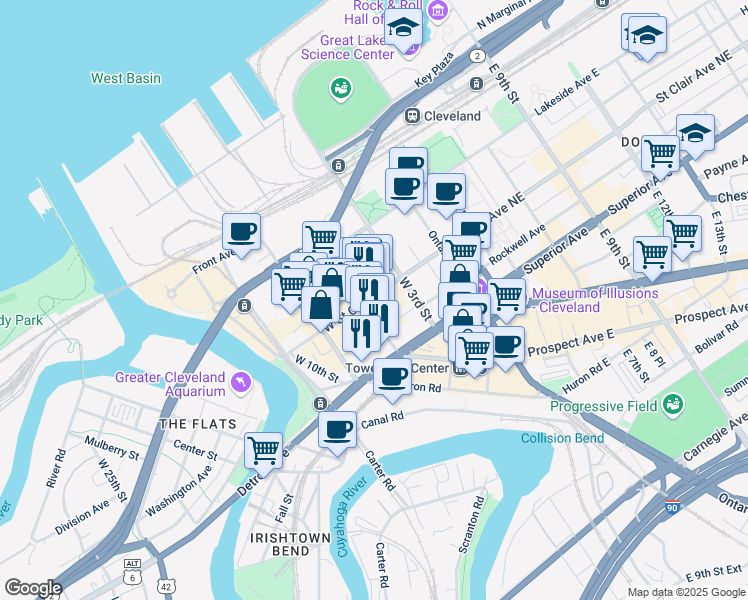 map of restaurants, bars, coffee shops, grocery stores, and more near 1407 West 6th Street in Cleveland