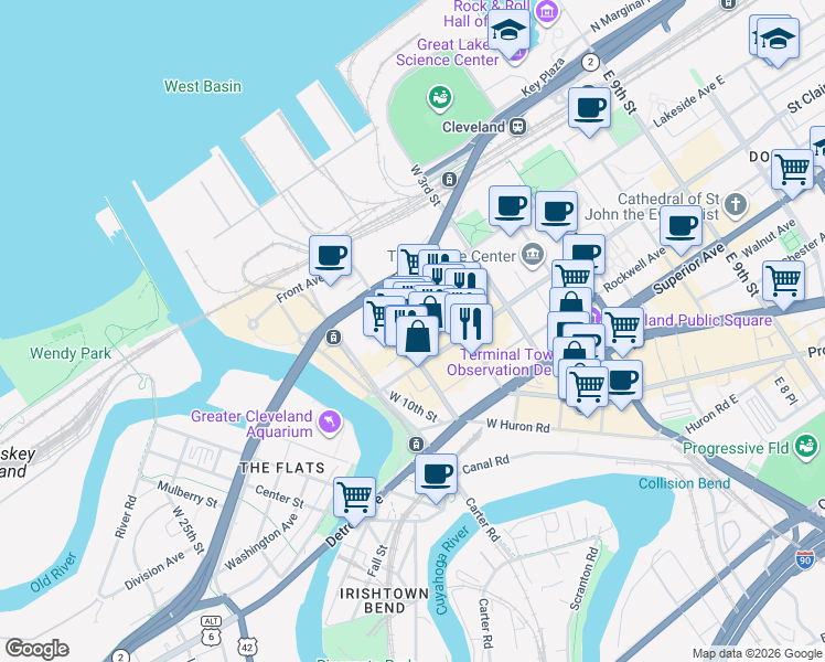 map of restaurants, bars, coffee shops, grocery stores, and more near 1300 West 9th Street in Cleveland