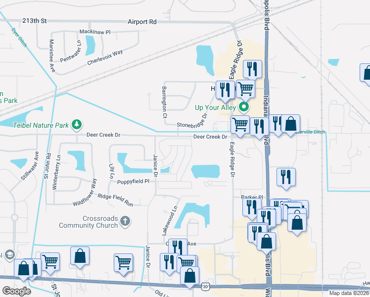map of restaurants, bars, coffee shops, grocery stores, and more near 1228 Primrose Lane in Schererville