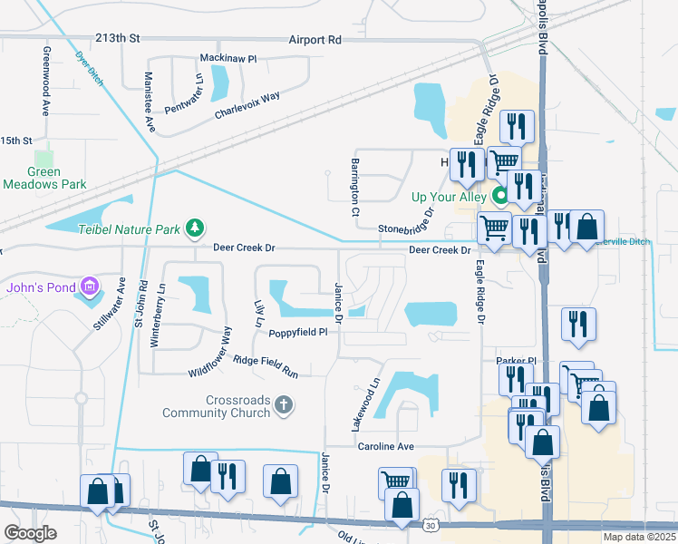 map of restaurants, bars, coffee shops, grocery stores, and more near 1206 Auburn Meadow Lane in Schererville