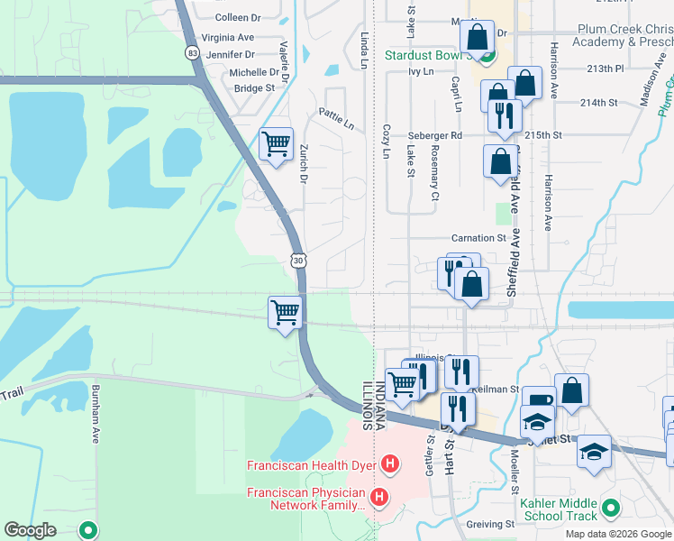 map of restaurants, bars, coffee shops, grocery stores, and more near 397 Darren Drive in Chicago Heights