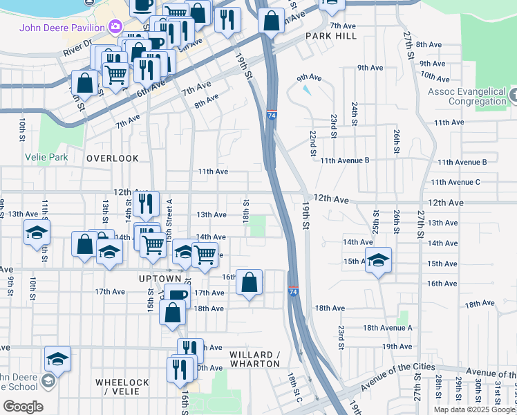 map of restaurants, bars, coffee shops, grocery stores, and more near 1832 13th Avenue in Moline