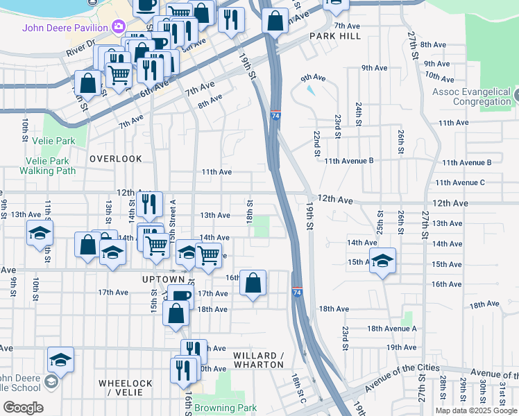 map of restaurants, bars, coffee shops, grocery stores, and more near 1832 13th Avenue in Moline