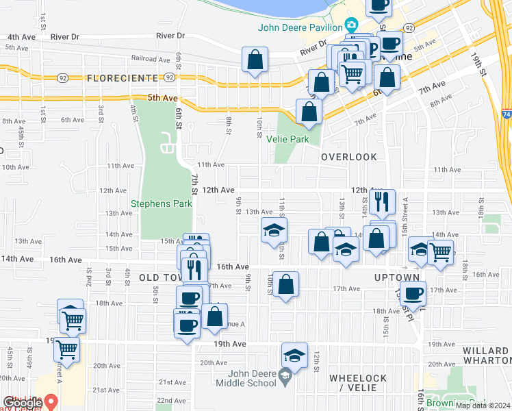 map of restaurants, bars, coffee shops, grocery stores, and more near 1310 10th Street in Moline