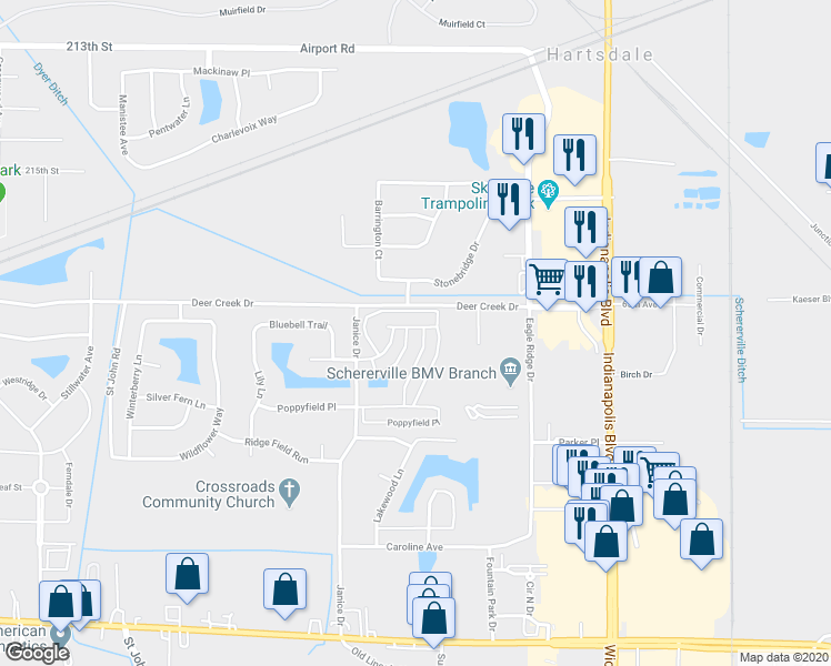 map of restaurants, bars, coffee shops, grocery stores, and more near 1210 Primrose Lane in Schererville