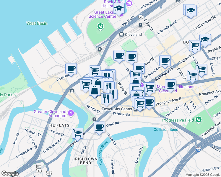 map of restaurants, bars, coffee shops, grocery stores, and more near 1407 West 6th Street in Cleveland