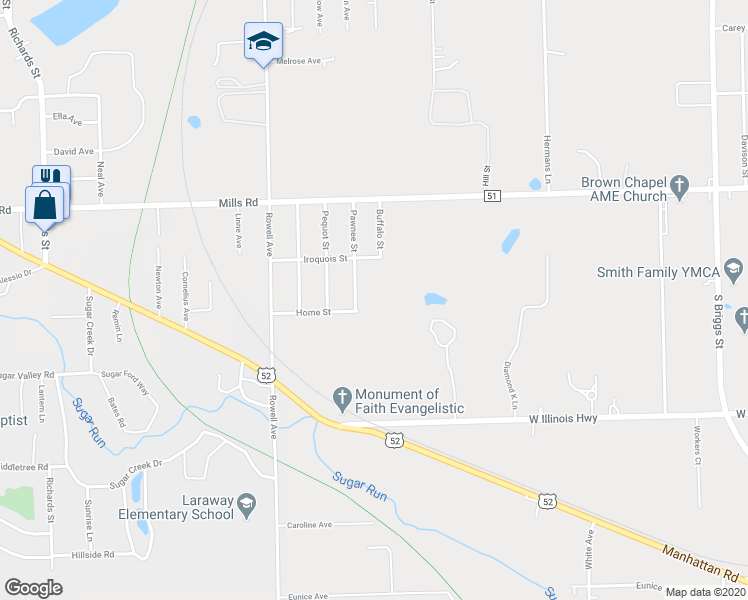 map of restaurants, bars, coffee shops, grocery stores, and more near 1321 Buffalo Street in Joliet