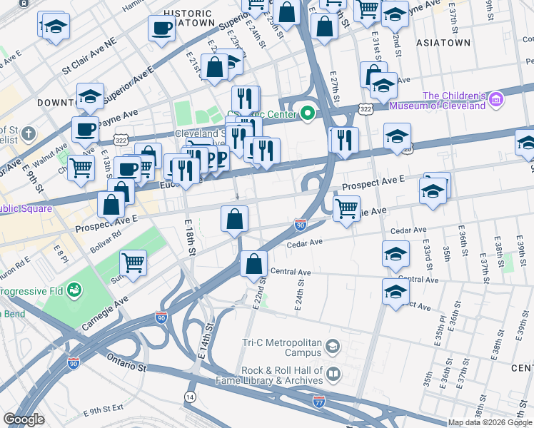 map of restaurants, bars, coffee shops, grocery stores, and more near 2308 Prospect Avenue East in Cleveland