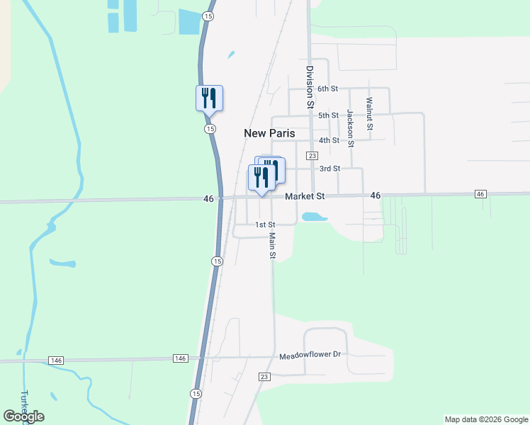 map of restaurants, bars, coffee shops, grocery stores, and more near 19127 County Road 46 in New Paris