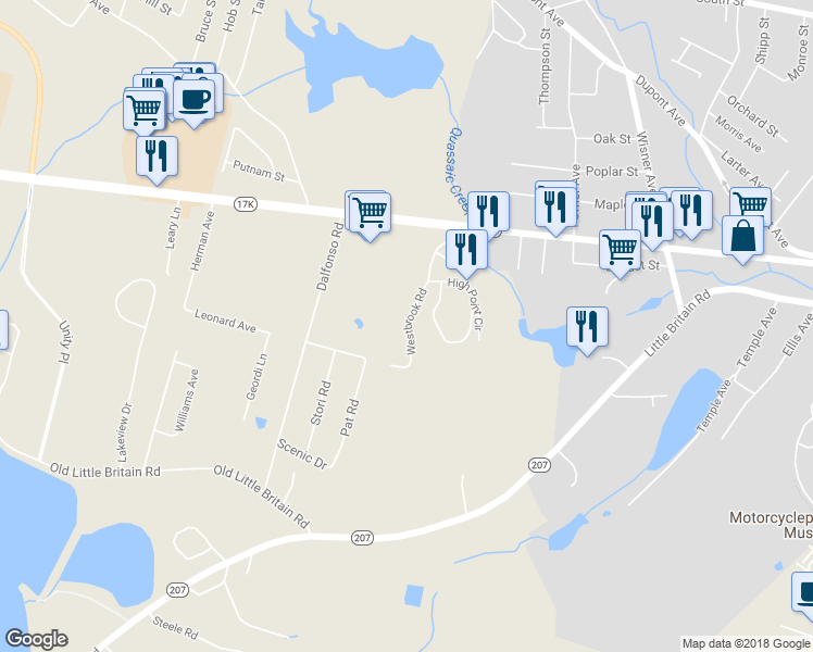 map of restaurants, bars, coffee shops, grocery stores, and more near 45 Westbrook Road in Newburgh
