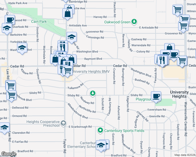 map of restaurants, bars, coffee shops, grocery stores, and more near 3605 Cedarbrook Road in Cleveland Heights