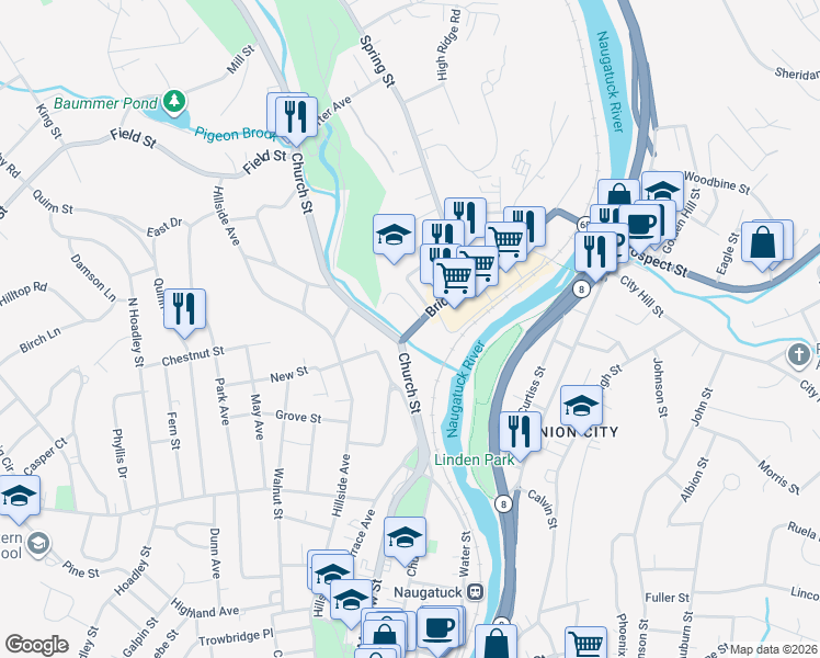map of restaurants, bars, coffee shops, grocery stores, and more near 18 Bridge Street in Naugatuck
