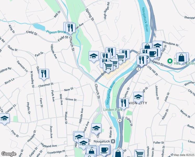map of restaurants, bars, coffee shops, grocery stores, and more near 10 Crown Street in Naugatuck