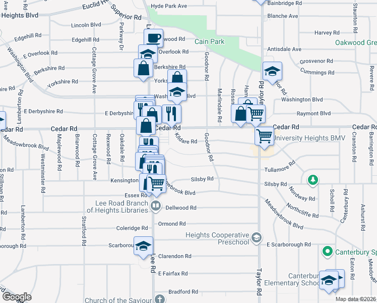 map of restaurants, bars, coffee shops, grocery stores, and more near 3267 Kildare Road in Cleveland Heights